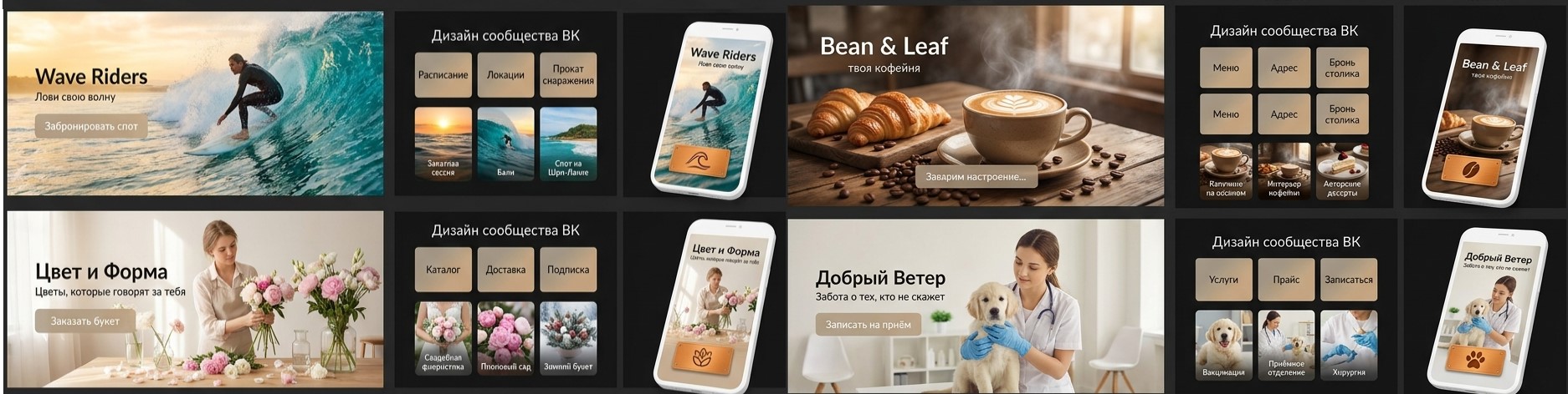 Дизайн сообщества ВК: Wave Riders, Bean & Leaf, Цвет и Форма, Добрый Ветер